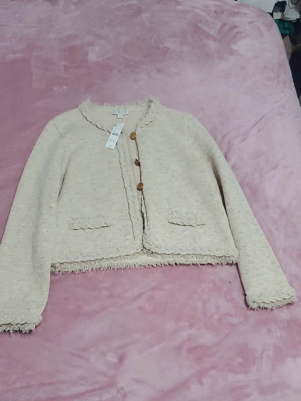 J. Crew Cream Fringe Tweed Cropped Cardigan Jacket